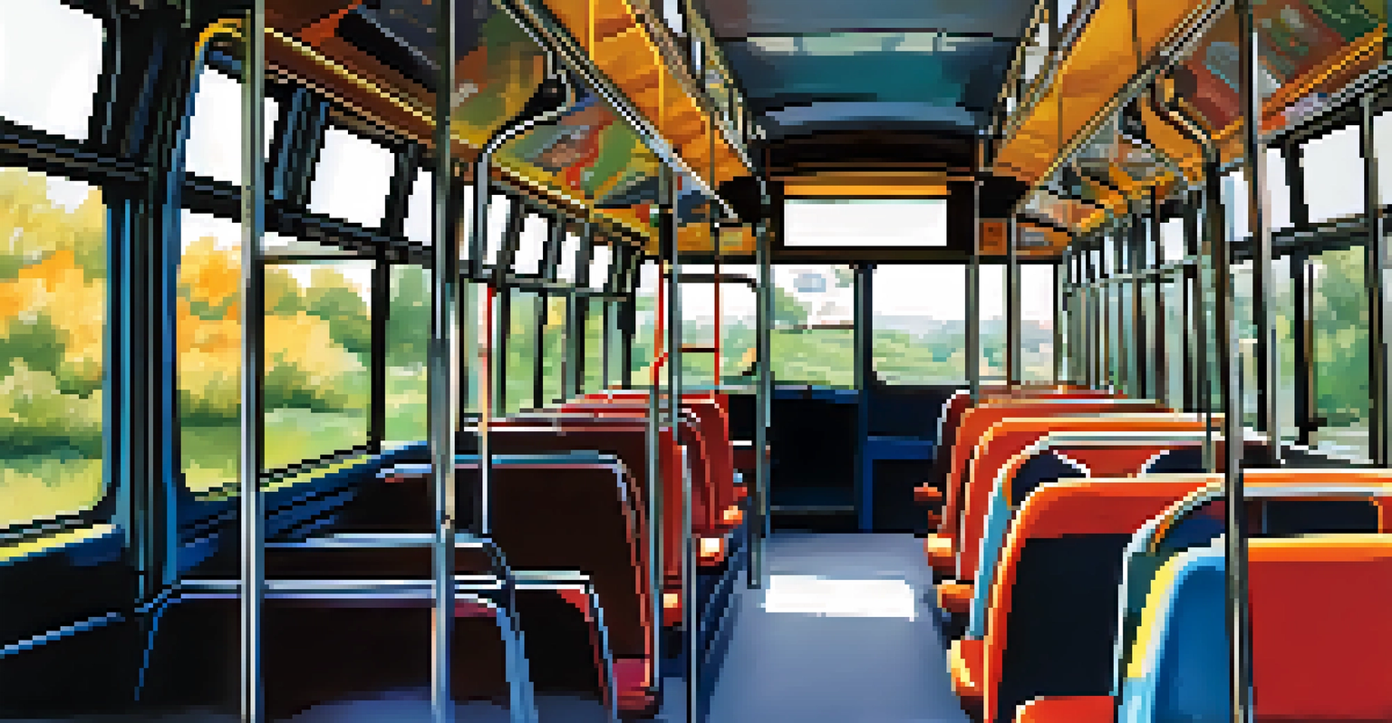 Interior view of a bus in San Jose showing designated seating for disabled passengers, audio-visual aids, and bright colors illuminated by natural light.