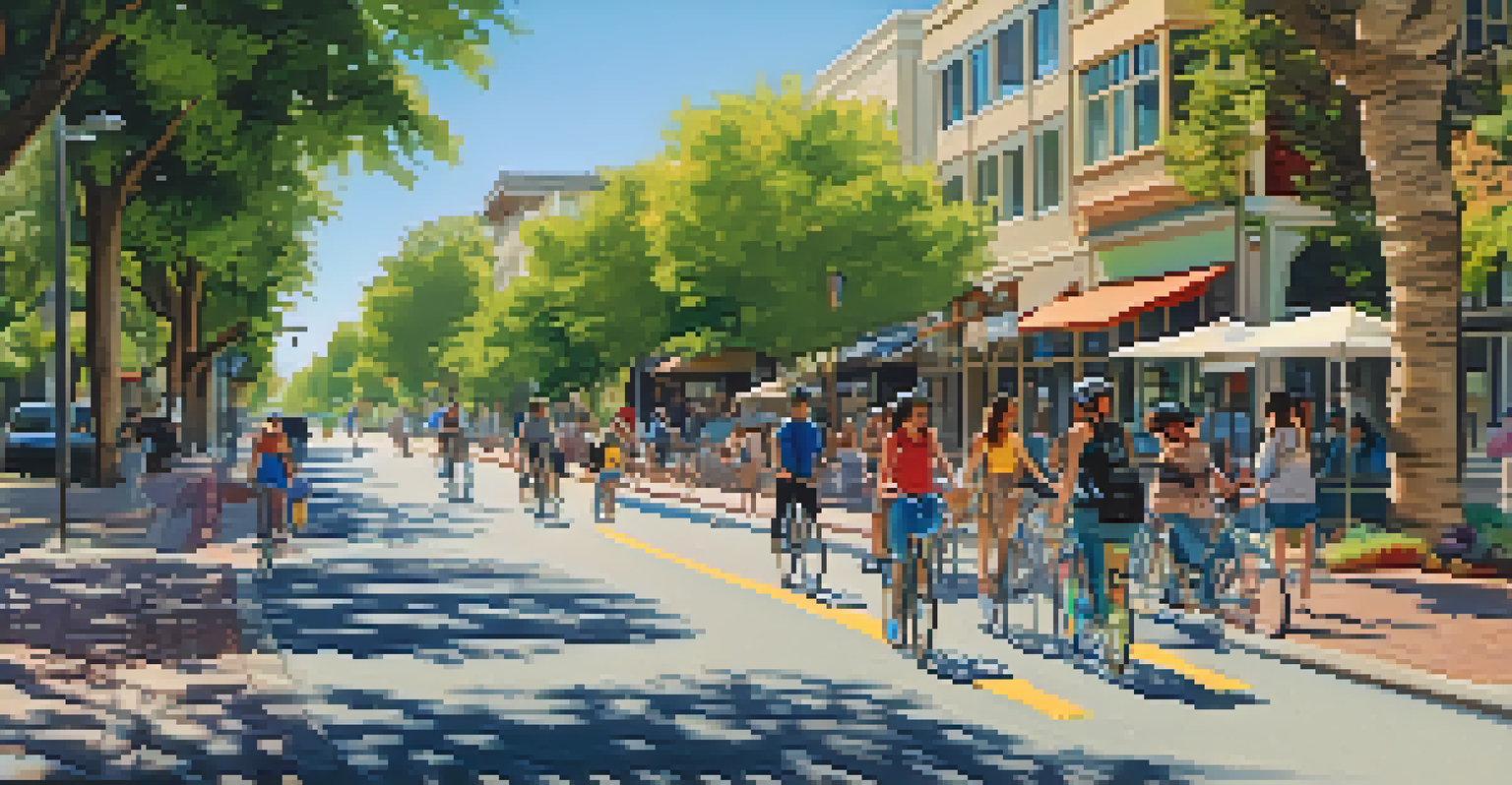 A vibrant bike-friendly street in San Jose with families riding bicycles and pedestrians on wide sidewalks under sunny skies.