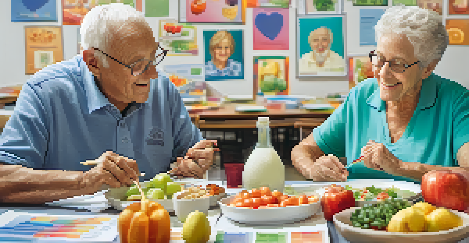 An elderly couple at a nutrition education workshop, surrounded by informative materials and food samples, in a bright community center.