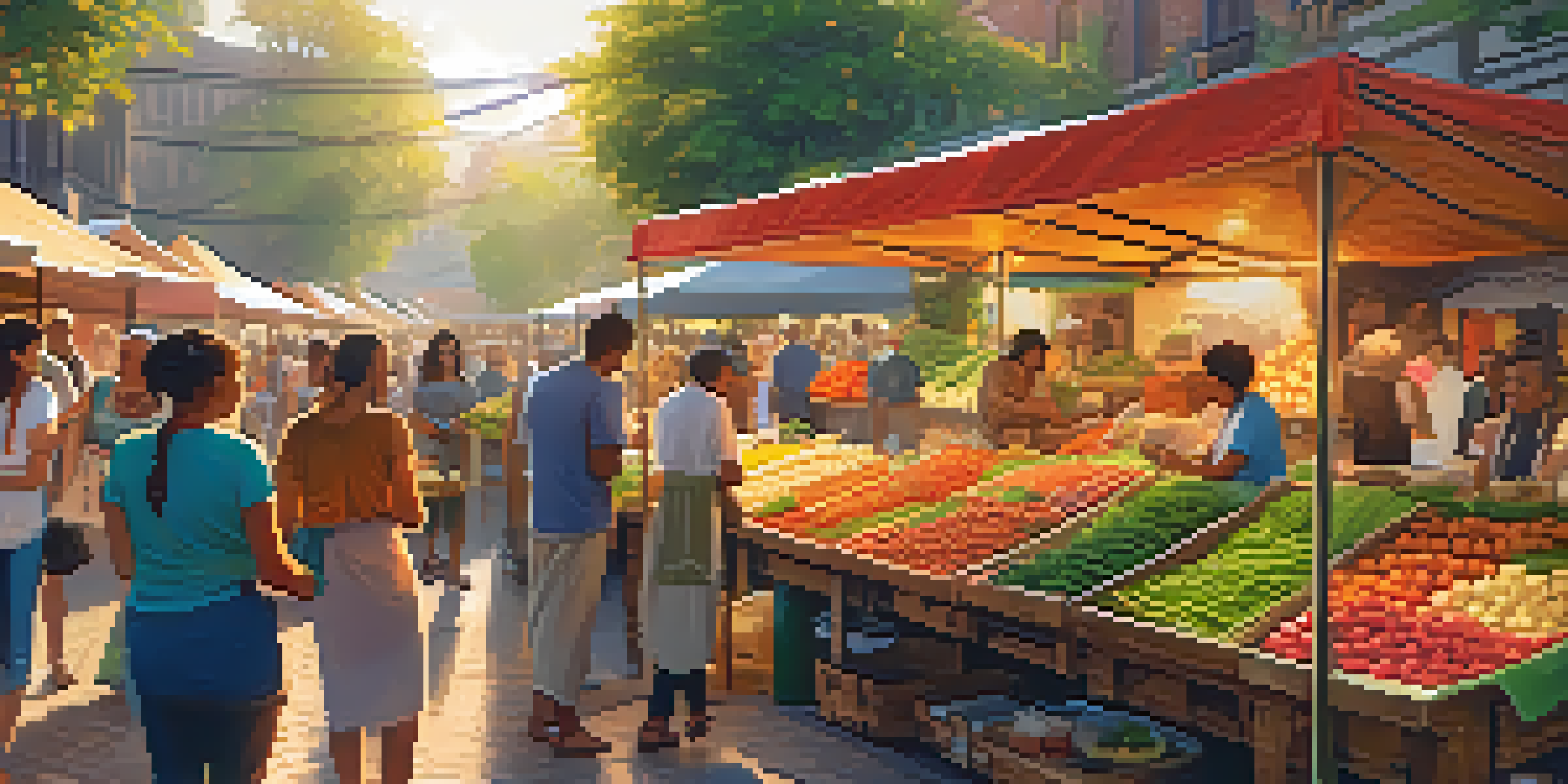 A lively outdoor food market with diverse stalls and people enjoying various cuisines under warm sunlight.