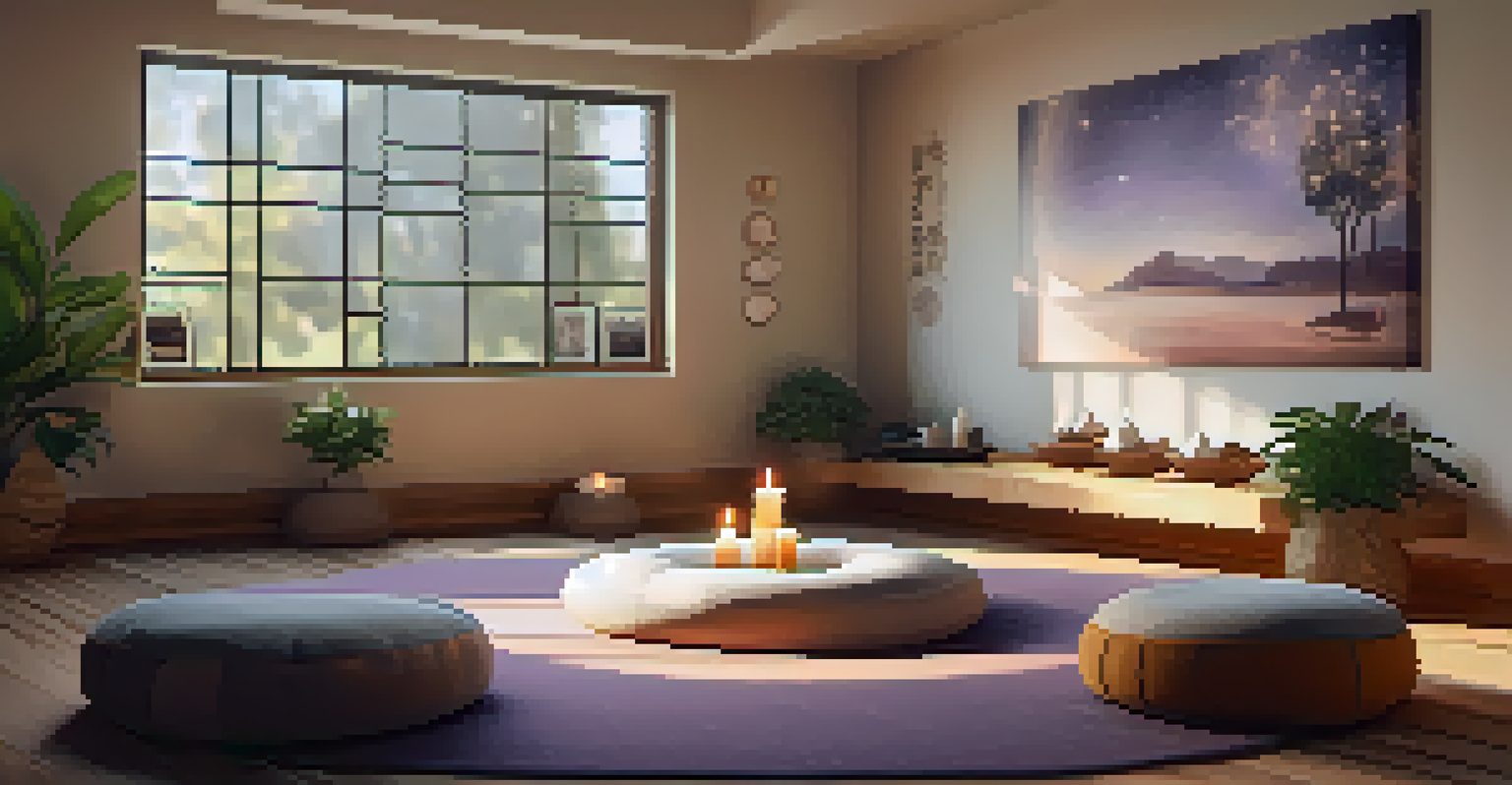 A cozy meditation corner with cushions, candles, and inspiring quotes, illuminated by soft lighting.