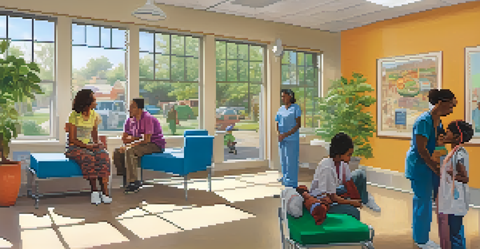 A bright and welcoming community health clinic with diverse individuals receiving care and health education posters on the walls.