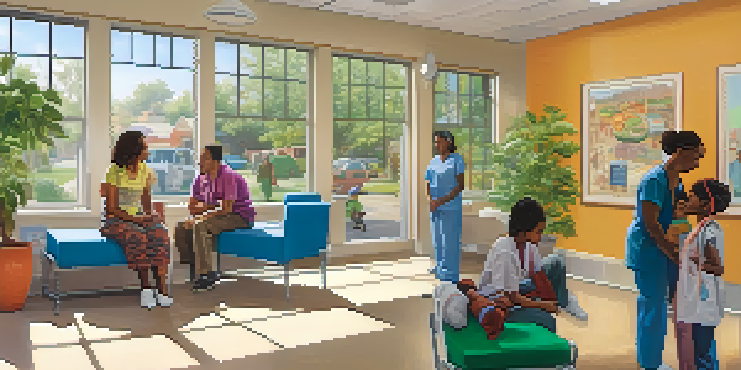 A bright and welcoming community health clinic with diverse individuals receiving care and health education posters on the walls.