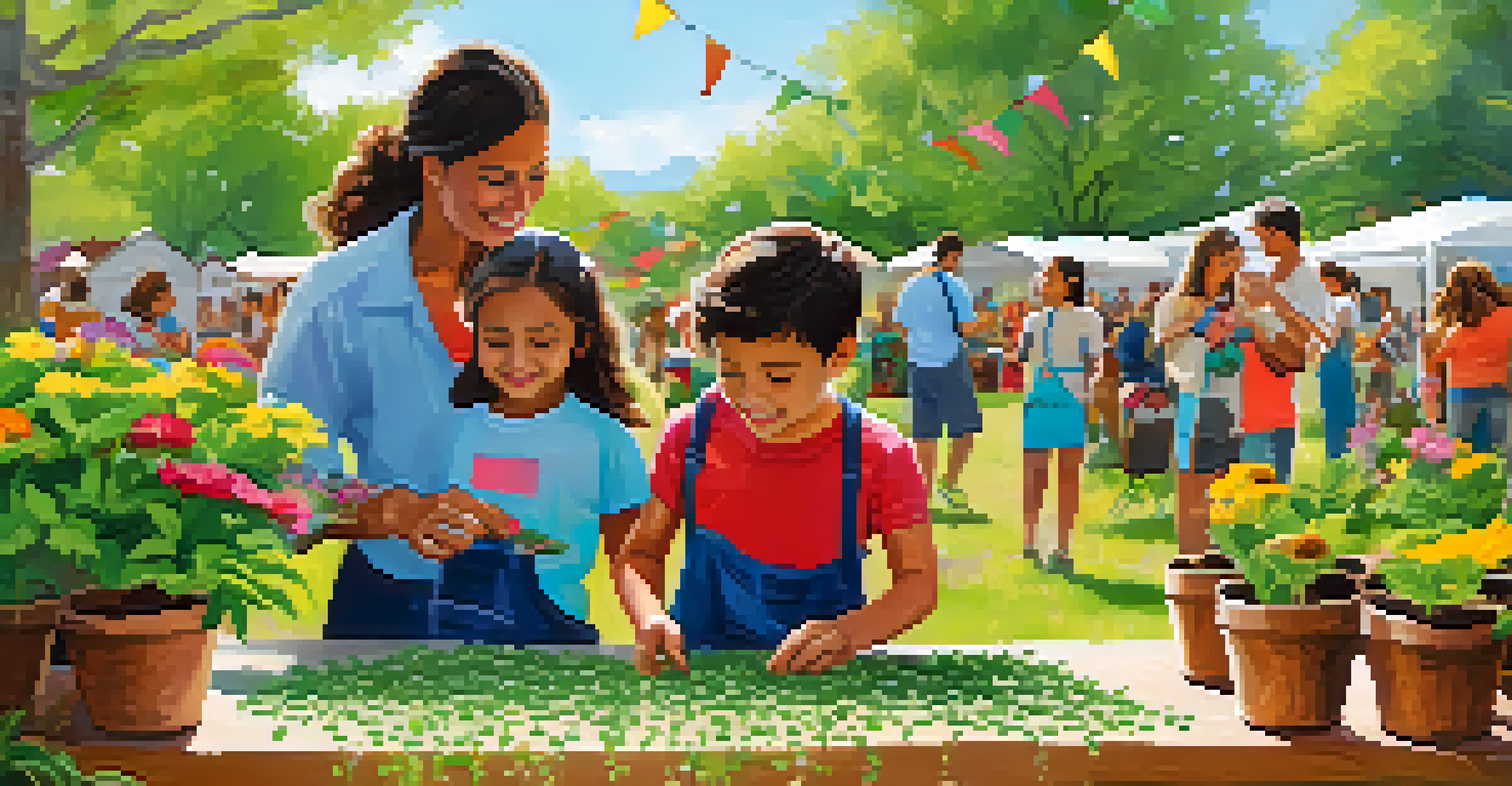 A family participating in a hands-on planting activity at an Eco-Fair, with children planting seedlings in pots.