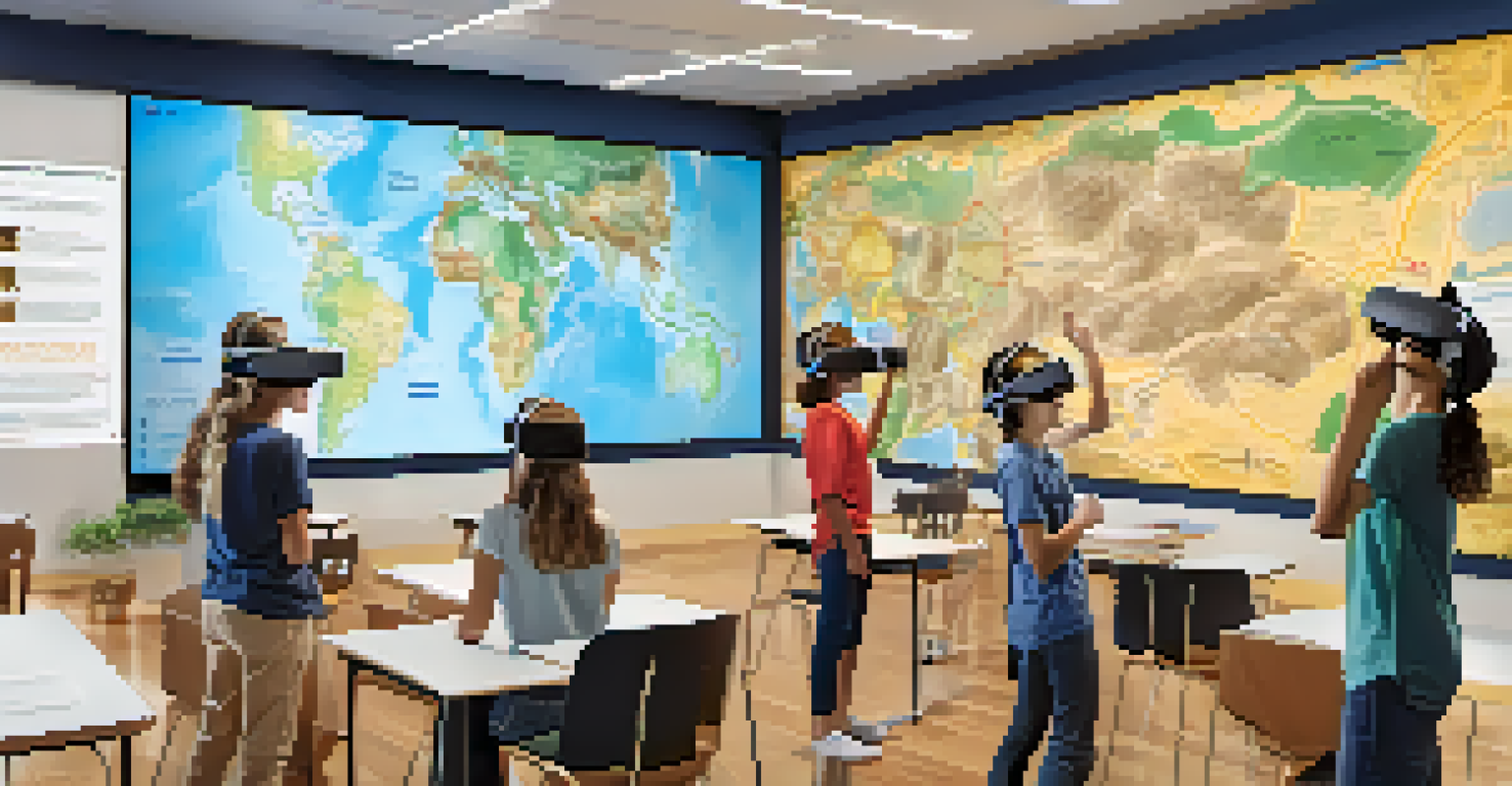 Teenagers in a classroom using virtual reality headsets to learn about historical sites, surrounded by interactive displays and a bright atmosphere.
