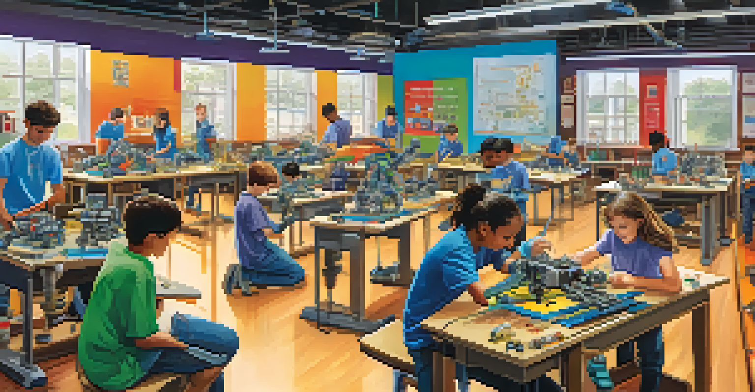 Students collaborating in a STEM workshop, building robots with various tools and colorful educational materials around them.