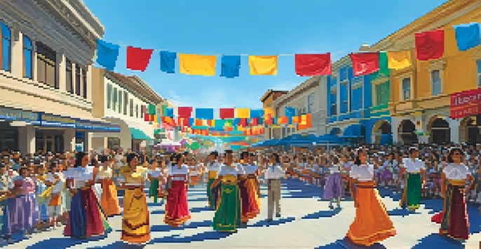 A lively community festival in San Jose featuring diverse cultural performances and families enjoying the event near historic buildings.
