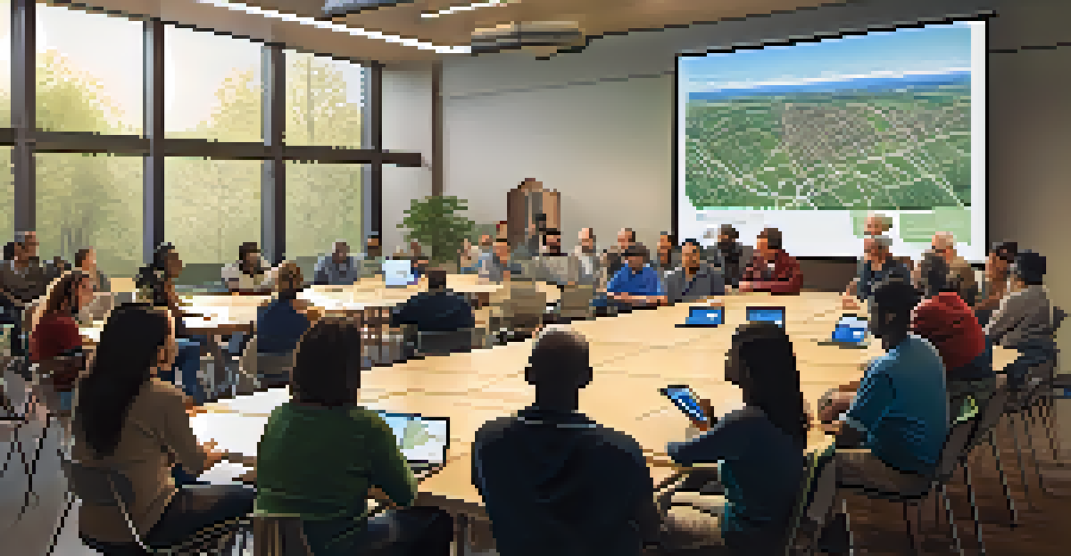 A community planning meeting in San Jose with residents interacting around a digital map, showcasing a collaborative environment filled with natural light.