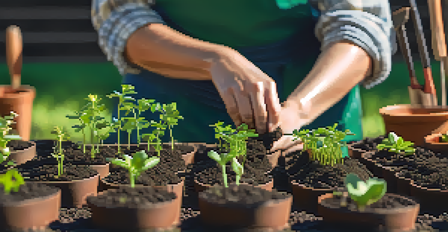Close-up of hands planting seedlings in soil, with gardening tools and pots nearby, set against a blurred backdrop of flourishing plants.