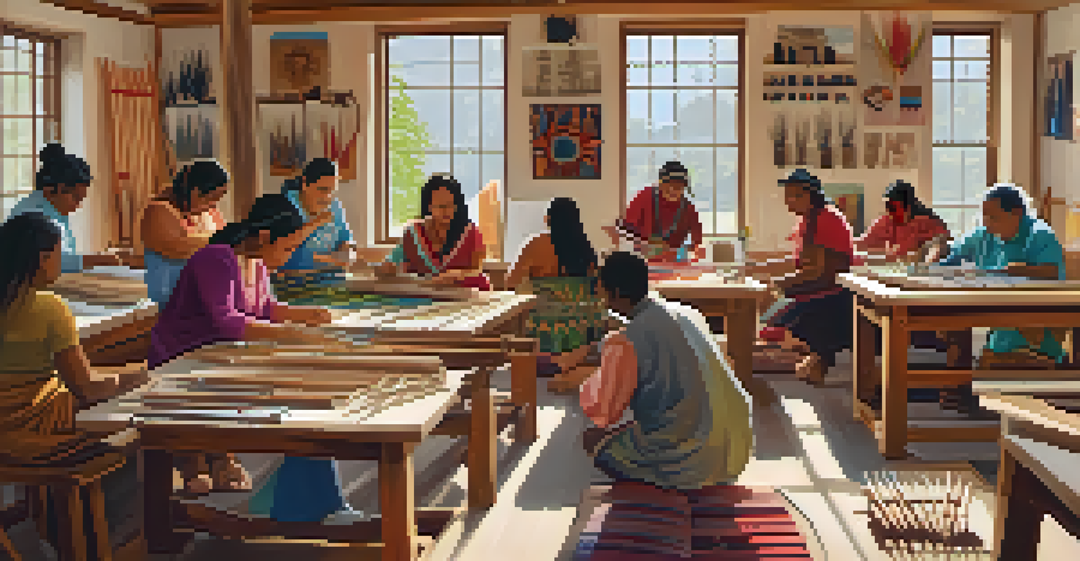 Indigenous artists engaged in an art workshop, creating traditional crafts in a cozy studio filled with art supplies and colorful artworks.