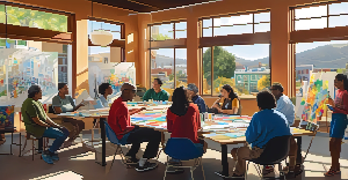 A community workshop in San Jose with diverse residents discussing urban planning, surrounded by colorful materials and warm sunlight.