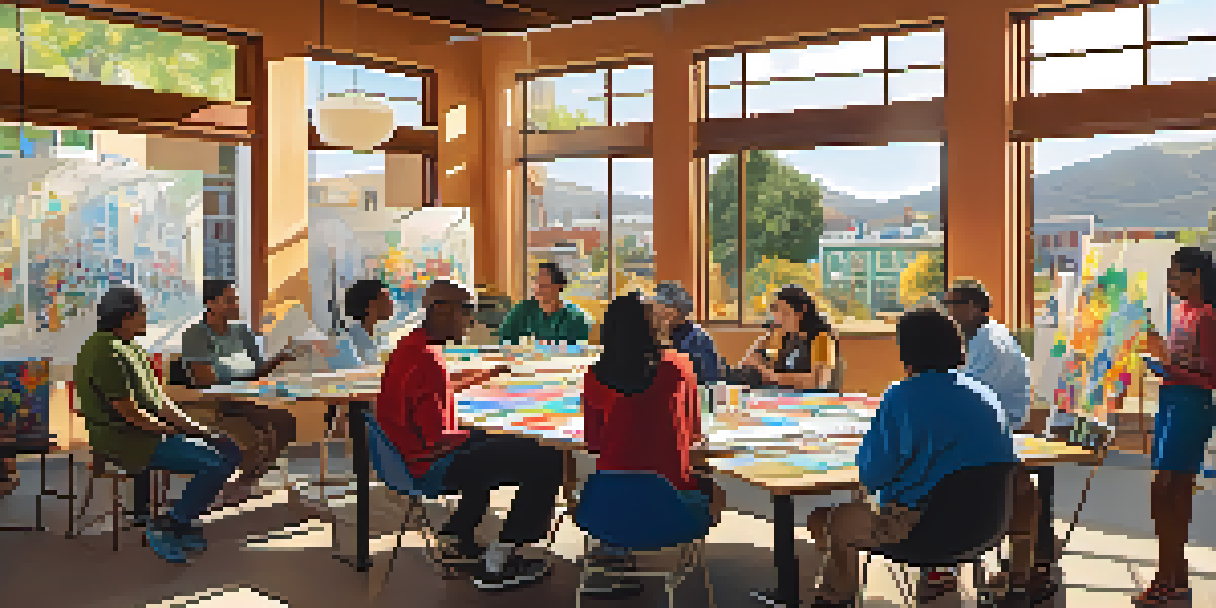 A community workshop in San Jose with diverse residents discussing urban planning, surrounded by colorful materials and warm sunlight.