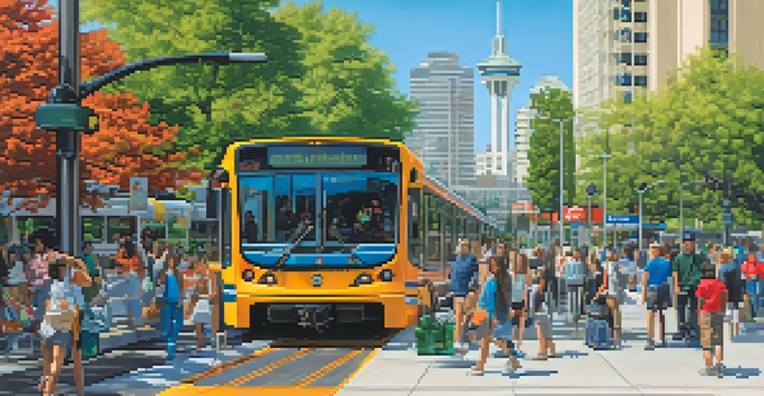 A lively public transit scene in San Jose with a light rail train and a bus stop, surrounded by green parks and blue skies.