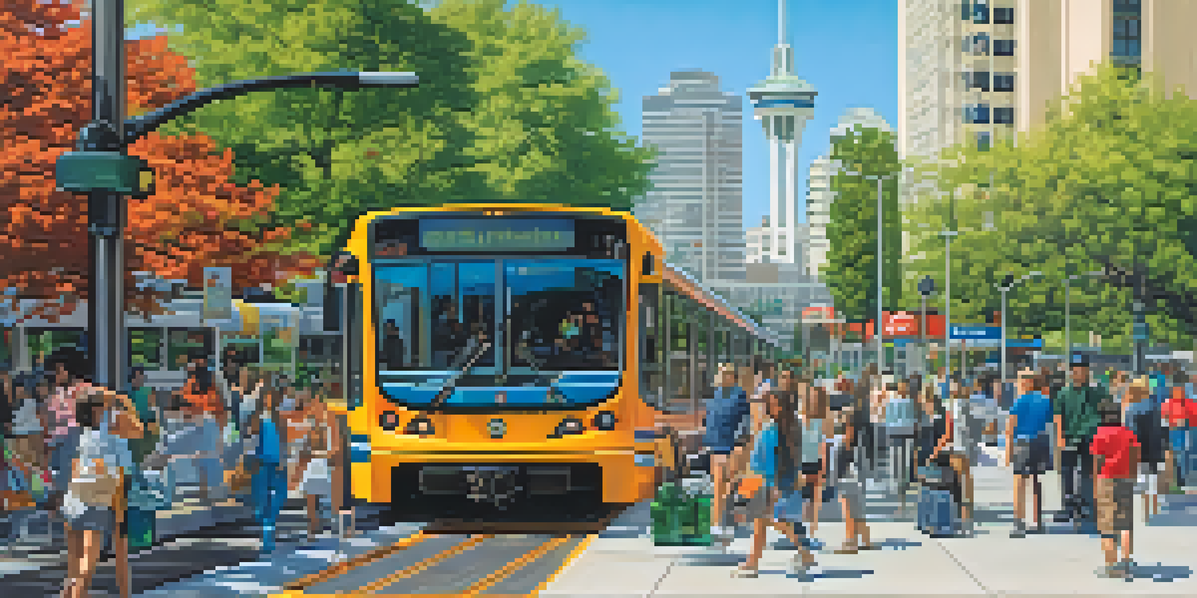 A lively public transit scene in San Jose with a light rail train and a bus stop, surrounded by green parks and blue skies.