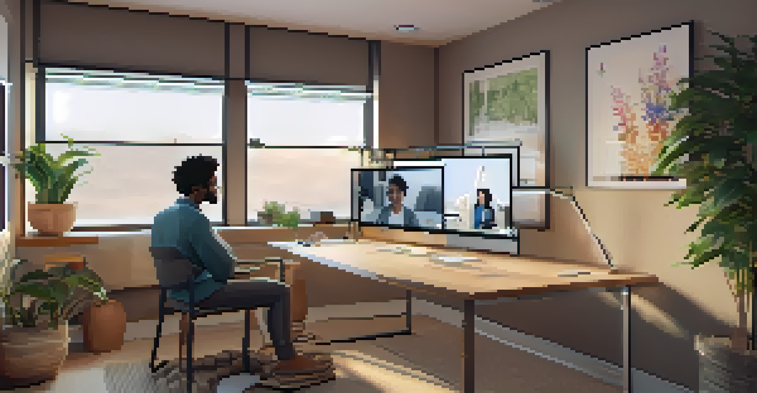A cozy telehealth consultation room with a comfortable chair and a laptop showing a mental health professional, decorated with calming artwork and plants for a relaxing atmosphere.