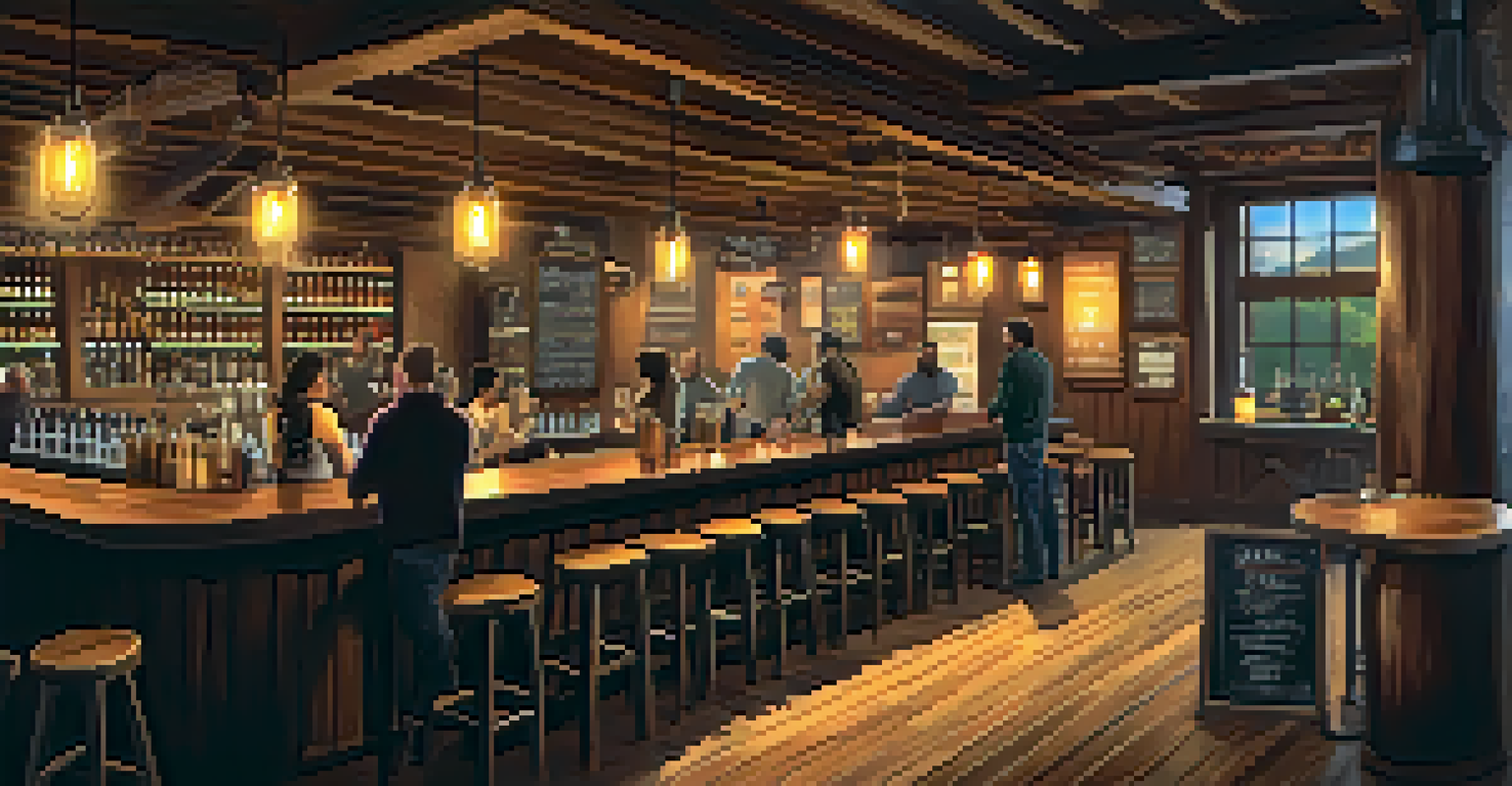 A warm and cozy brewery tasting room with a bartender pouring beer and wooden barrels around.