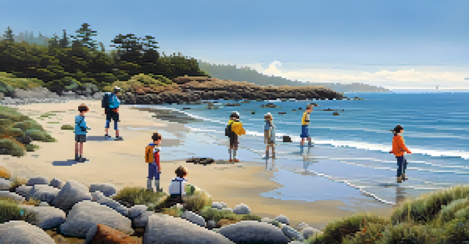 Participants exploring tidal pools at a coastal nature walk, examining marine life under a clear blue sky.