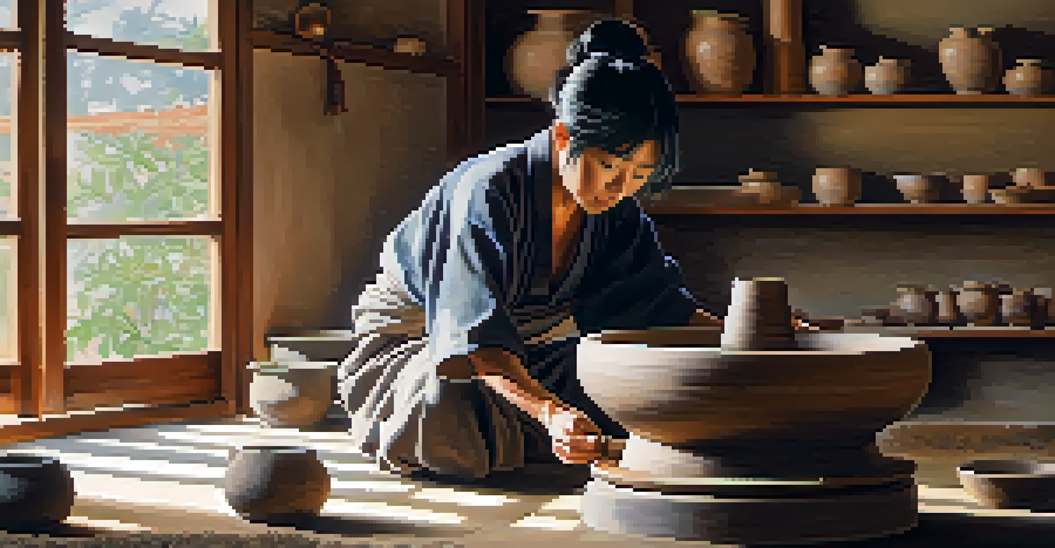 A potter shaping clay on a wheel in a tranquil setting, surrounded by tools and finished pottery pieces.