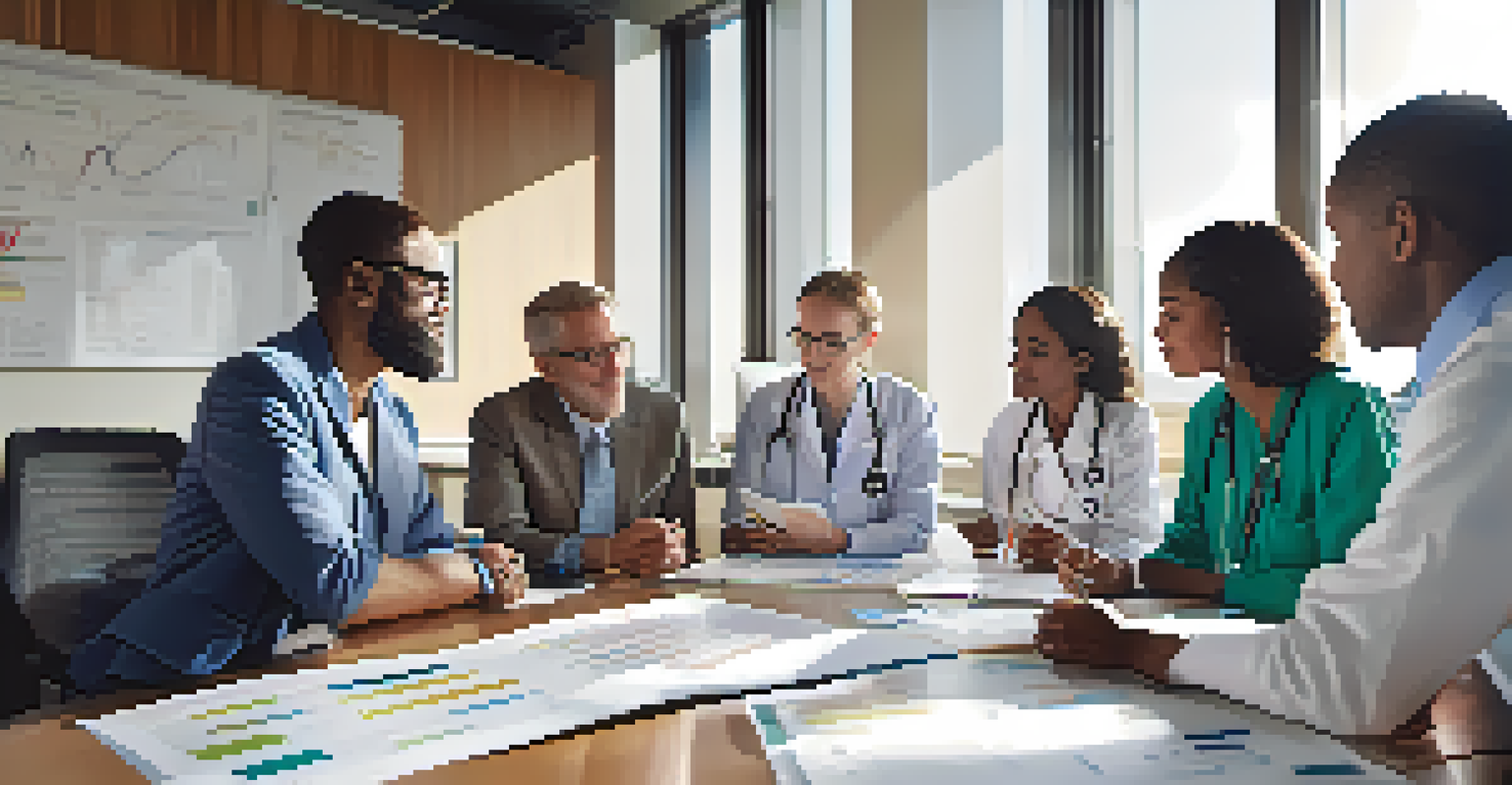 Healthcare professionals collaborating on a community health strategy in a bright office setting.
