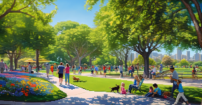 A sunny urban park in San Jose with families, children playing, and people walking dogs amidst lush greenery and colorful flowers.