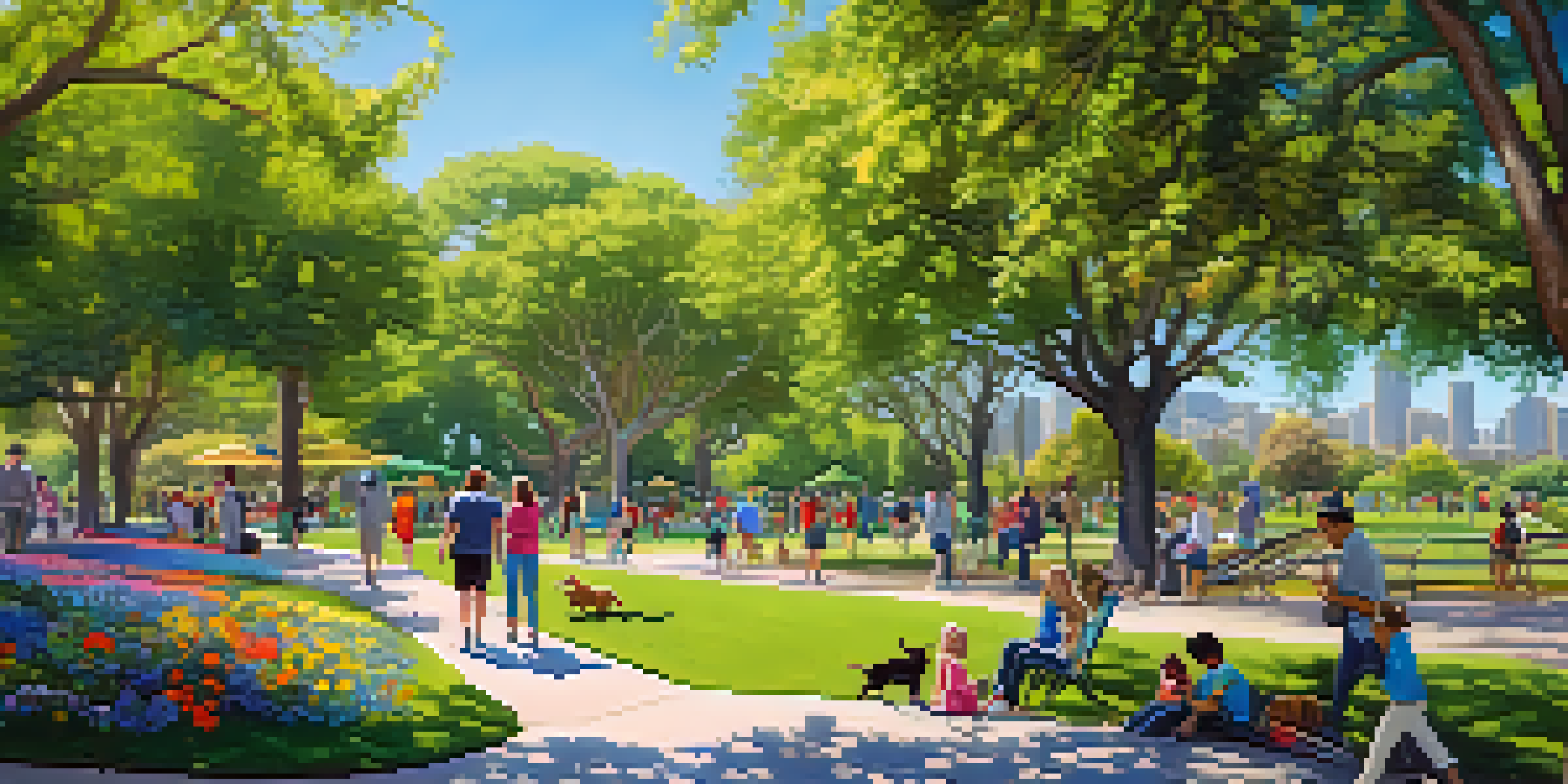 A sunny urban park in San Jose with families, children playing, and people walking dogs amidst lush greenery and colorful flowers.