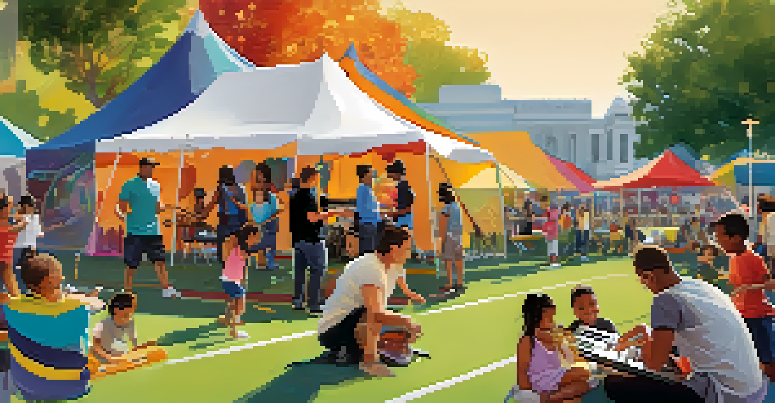 Children participating in interactive music workshops at a family-friendly area of a jazz festival, with colorful tents and smiling parents in the background.