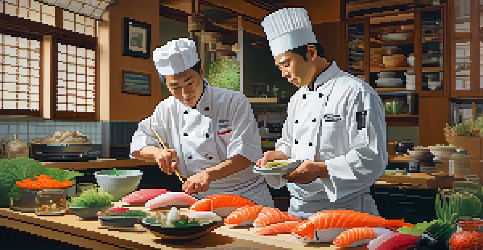 A San Jose chef and a Tokyo sushi master collaborate in a kitchen, showcasing sushi preparation with fresh ingredients.