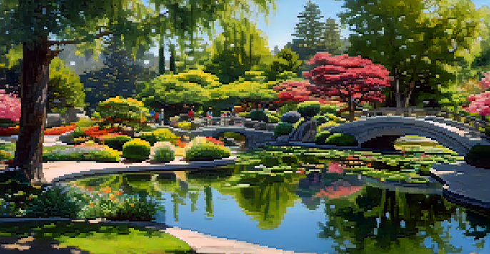 A picturesque view of Kelley Park's Japanese Friendship Garden, showcasing children enjoying nature, a pond with fish, and colorful flowers under dappled sunlight.