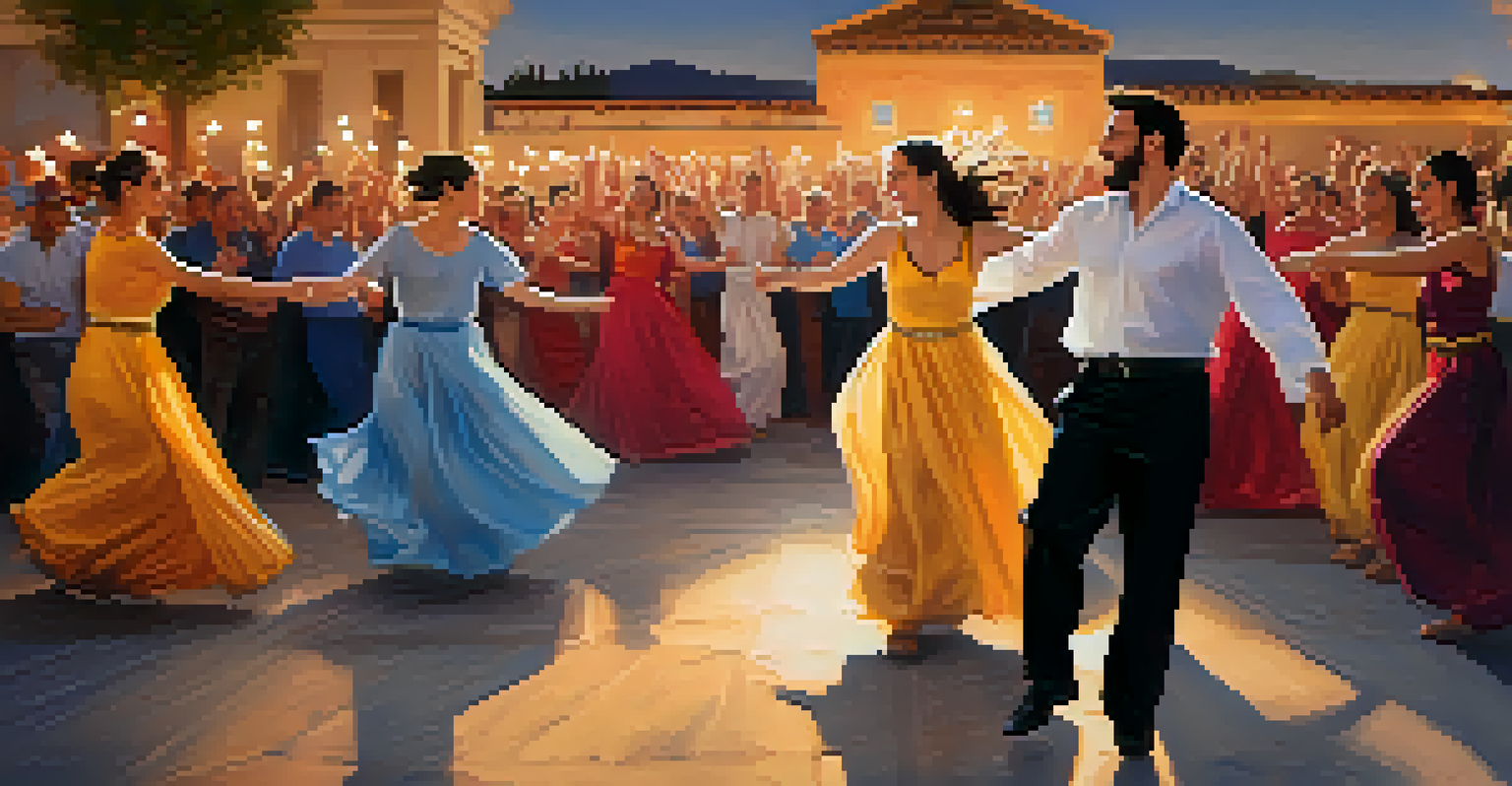 Dancers in traditional Greek costumes performing energetically at a festival, with an engaged audience and festive lighting as the sun sets.