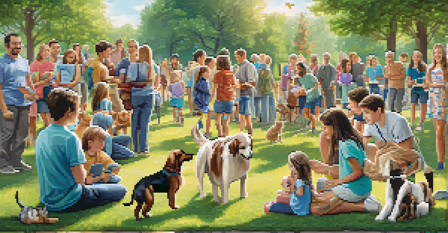 Community event promoting animal fostering with people and pets in a park.