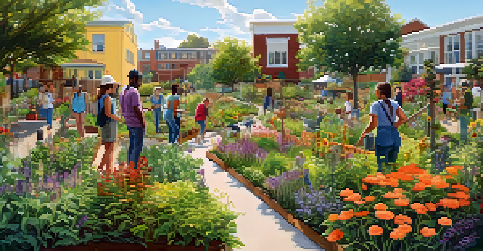 A vibrant community garden in the city with people gardening, surrounded by native plants, butterflies, and bees, under bright sunlight.