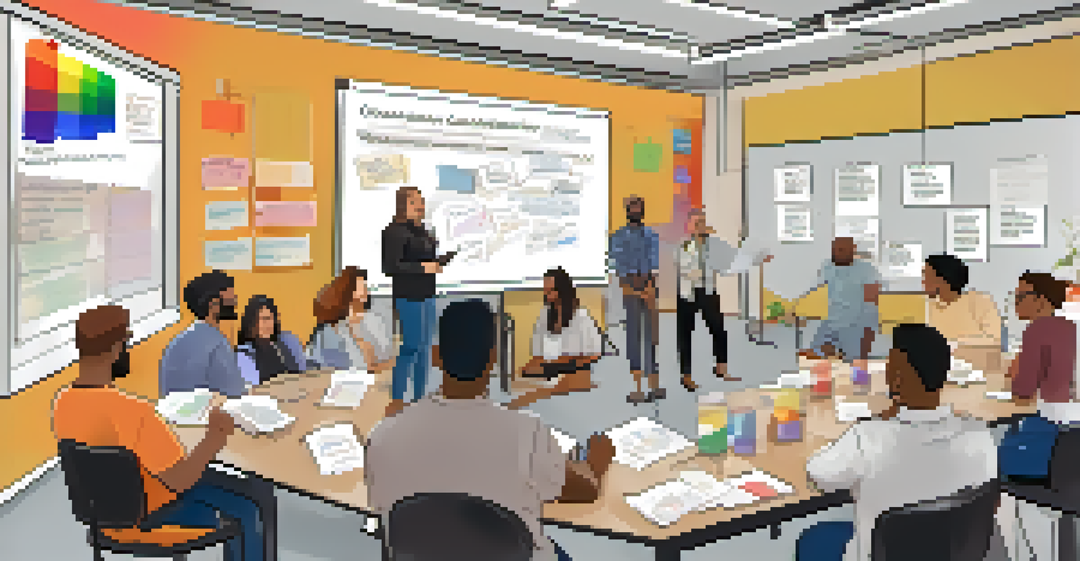 A workshop in a local business with diverse employees learning about LGBTQ+ inclusivity, with a facilitator and notes on a whiteboard.