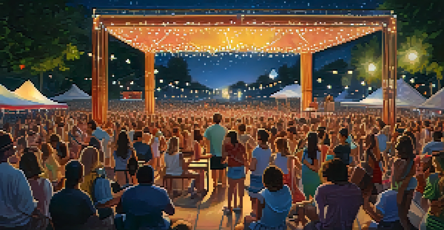 An outdoor music concert with a diverse crowd enjoying a performance under starry skies.