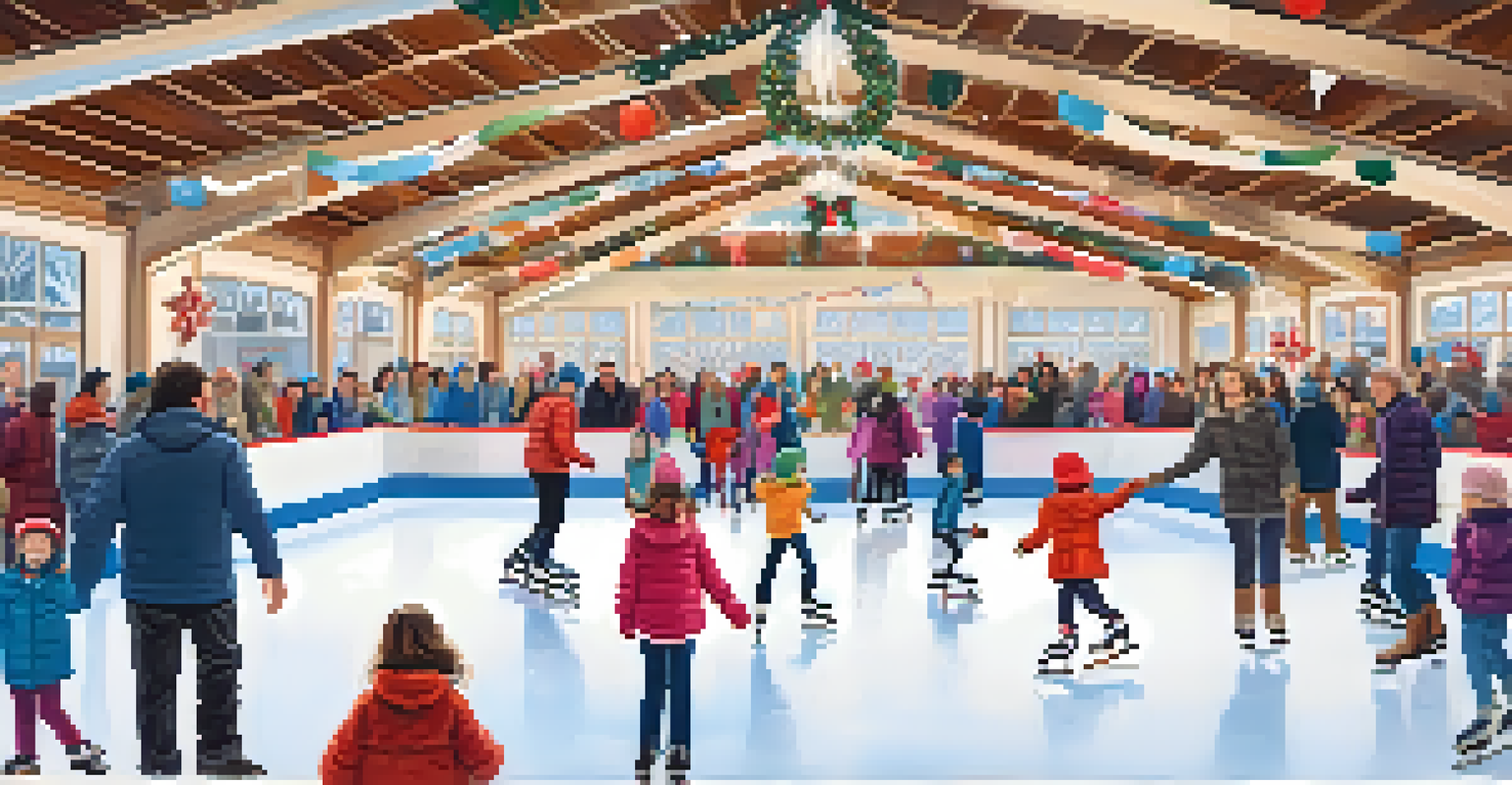 Families enjoying ice skating in a cozy indoor rink with festive decorations.