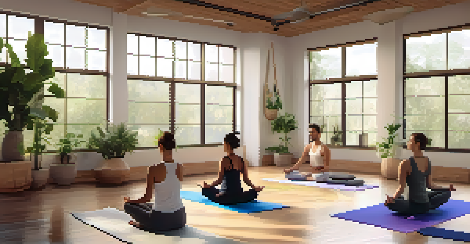 A bright and serene yoga studio with individuals practicing yoga and meditating.