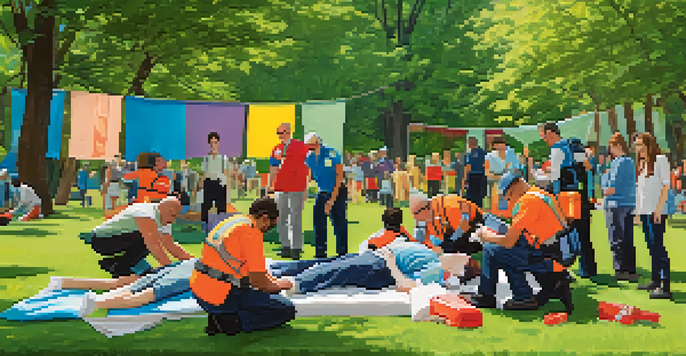 Group of diverse individuals practicing first aid techniques on a mannequin in a sunny park.