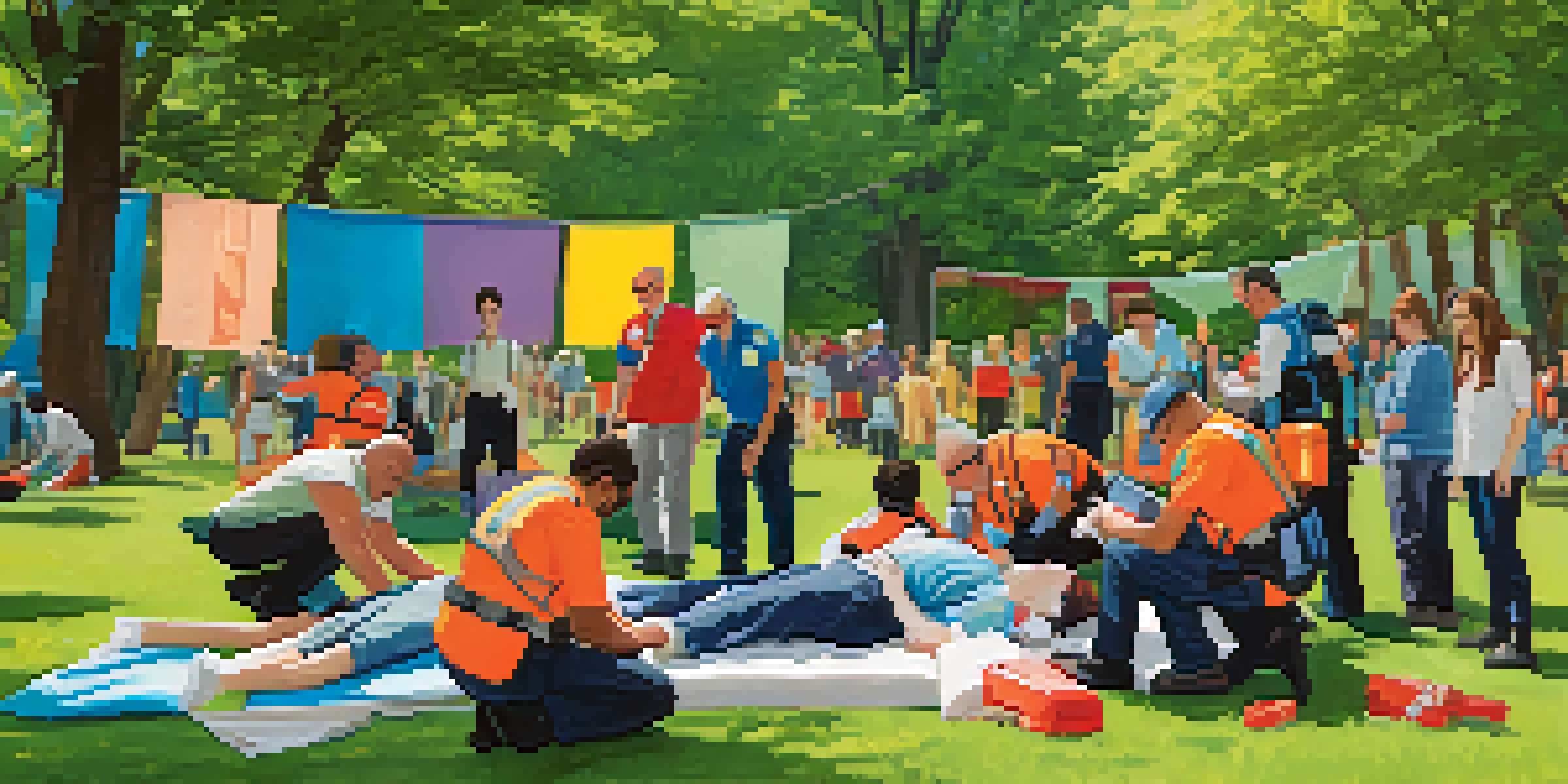 Group of diverse individuals practicing first aid techniques on a mannequin in a sunny park.