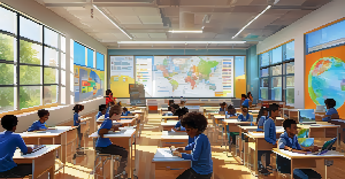 A lively classroom with students using tablets and VR headsets, interactive whiteboards, and bright sunlight coming through windows.
