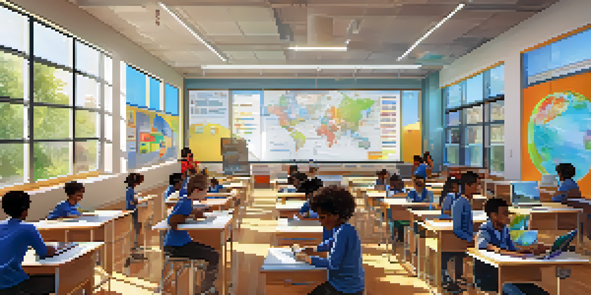 A lively classroom with students using tablets and VR headsets, interactive whiteboards, and bright sunlight coming through windows.