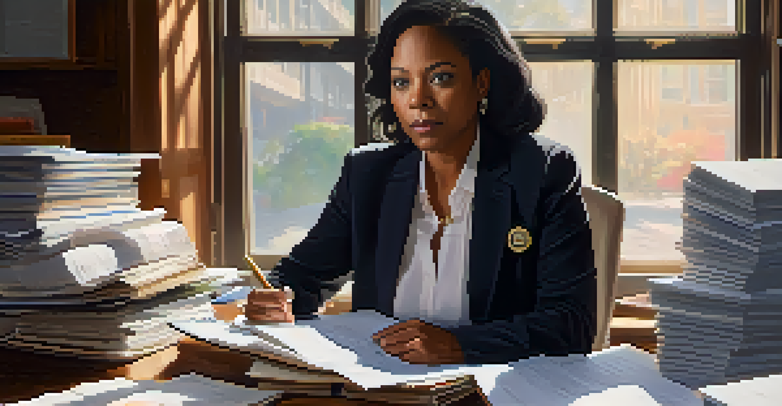 A close-up portrait of a female councilmember at her desk, deep in thought while reviewing community-related documents.