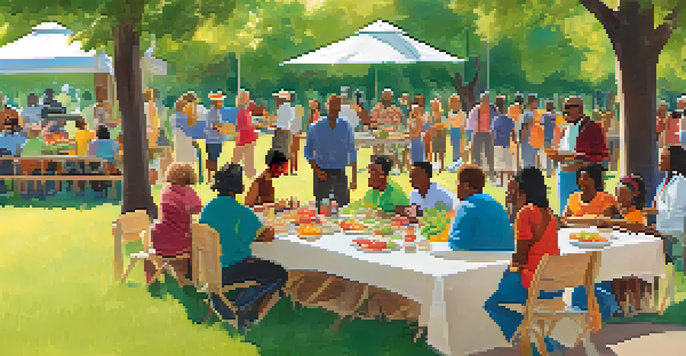 A diverse group of people participating in an outdoor community health workshop, engaged around a table with healthy food, under bright banners.