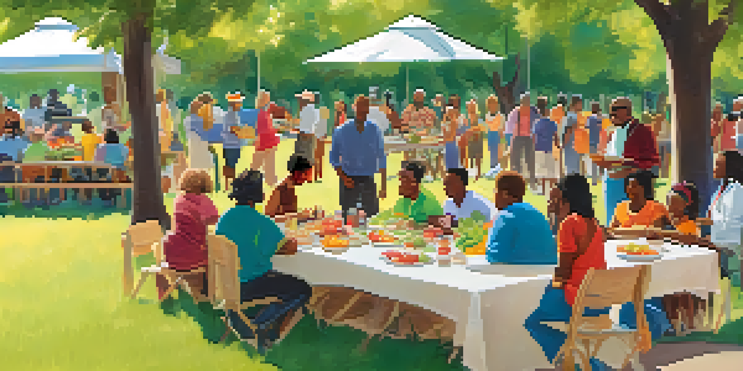 A diverse group of people participating in an outdoor community health workshop, engaged around a table with healthy food, under bright banners.