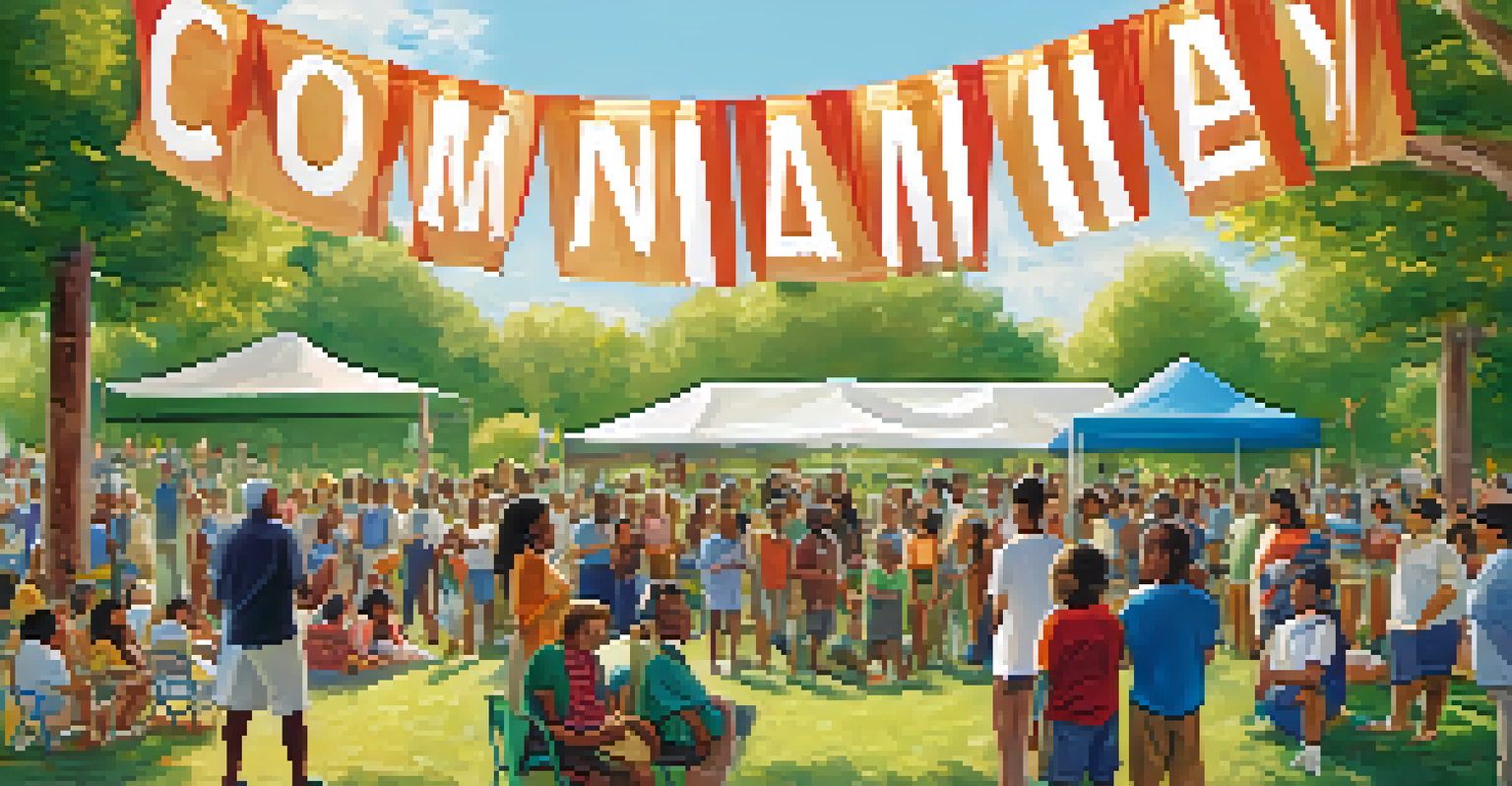 A community event with citizens discussing local issues under a banner that reads 'Community Engagement Day', surrounded by greenery.