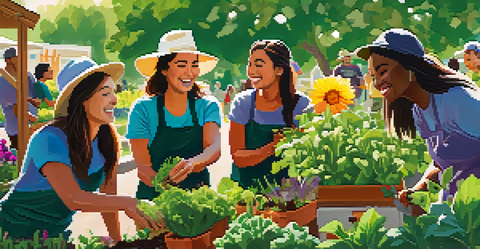 A diverse group of volunteers working together in a community garden, planting vegetables and enjoying each other's company under the sun.