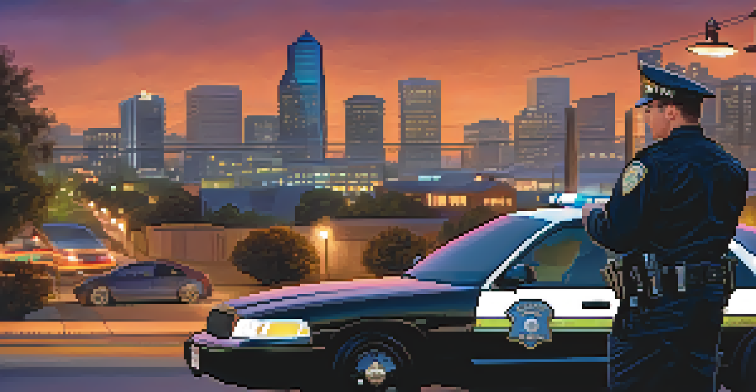 A police officer using a tablet in a San Jose neighborhood at dusk, analyzing crime data with the city skyline in the background.
