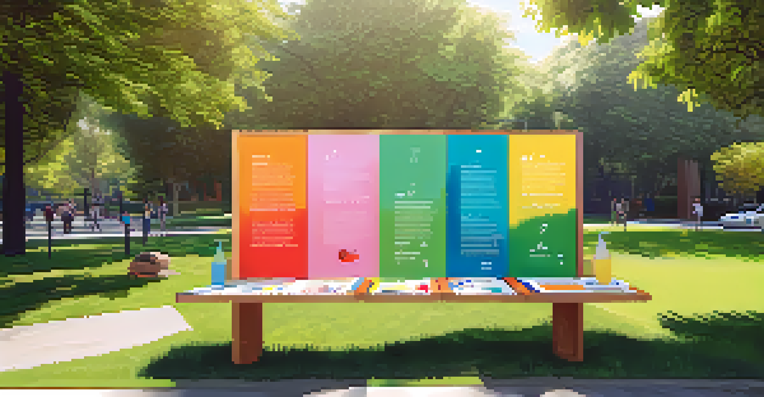 An interactive art installation in a park with colorful boards where people are writing and drawing, surrounded by greenery.