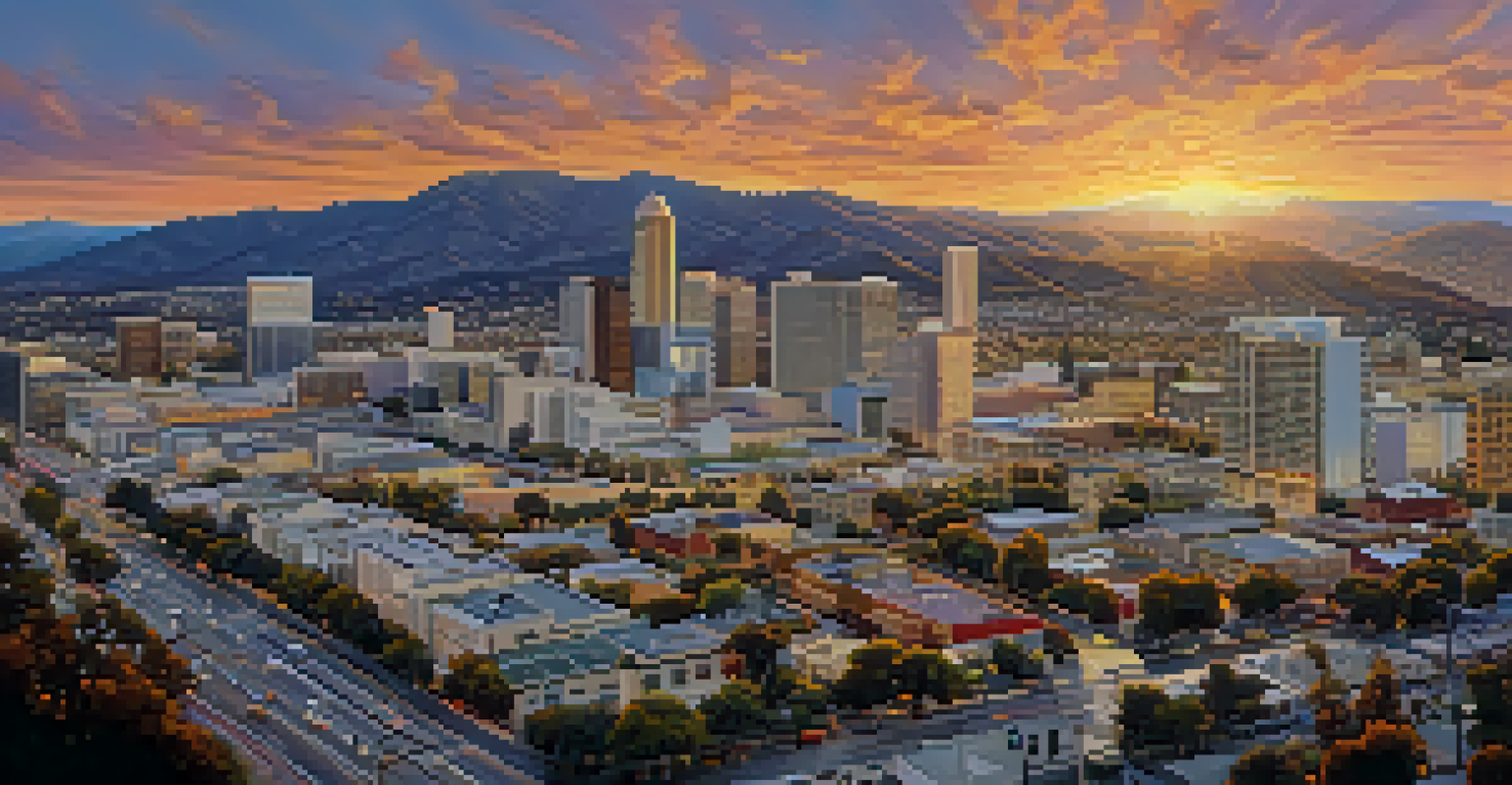 An aerial view of San Jose's skyline with high-rise buildings and picturesque hills, bathed in the golden light of the setting sun.