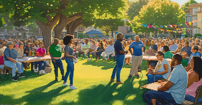 A diverse group of residents gathered in a park, discussing affordable housing with colorful banners and warm sunlight.