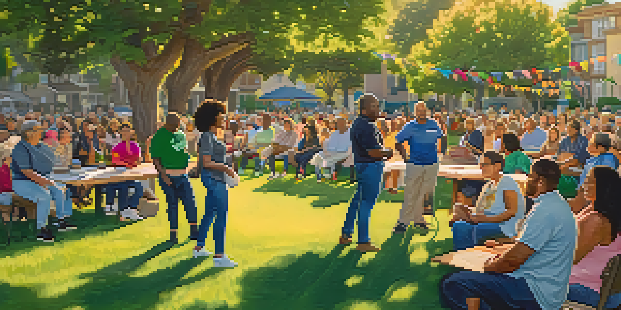A diverse group of residents gathered in a park, discussing affordable housing with colorful banners and warm sunlight.