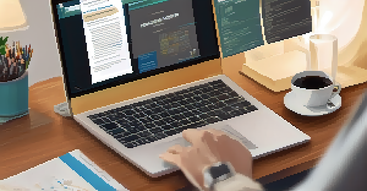 A close-up of hands typing on a laptop, with a training booklet and coffee, set in a warm, inviting workspace with motivational technology posters in the background.